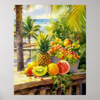 Póster Frutas tropicales Paraíso Acuarela
