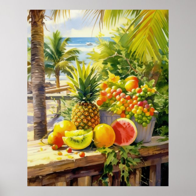 Póster Frutas tropicales Paraíso Acuarela (Frente)
