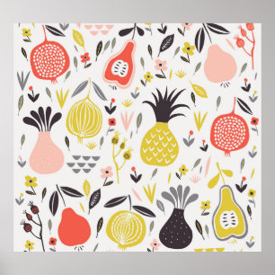Póster Frutas vintage, flores: patrón sin costuras.