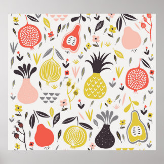 Póster Frutas vintage, flores: patrón sin costuras.