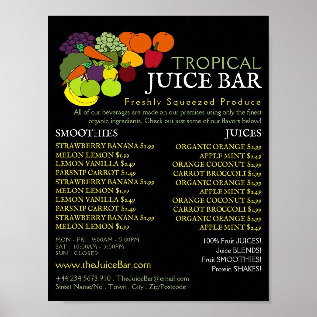 Póster Frutas y verduras, publicidad en barra de zumo (Frente)