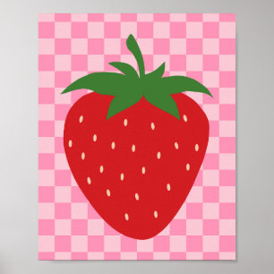 Póster Fruto Retro De Fresa A Prueba Rosa Y Rojo