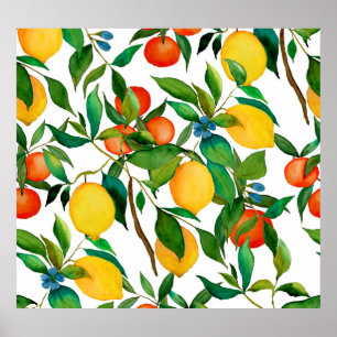 Póster Frutos cítricos, acuarela vibrante.