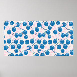 Póster Frutos redondos azules con hojas rosadas, en p.