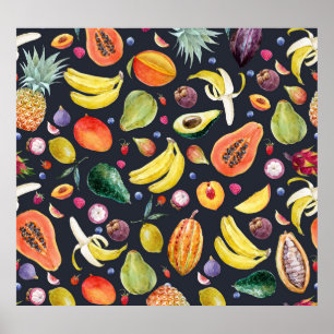 Póster Frutos Tropicales: Patrón multifruta acuarela.