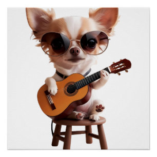 Póster fu de dibujos animados de chihuahua lindo tocando