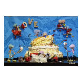 Póster Fubby feest met taart en bruidspaar.