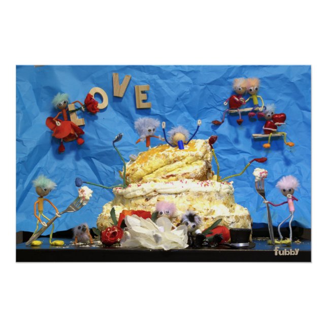 Póster Fubby feest met taart en bruidspaar. (Anverso)