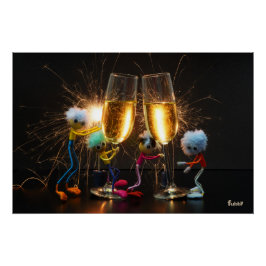 Póster Fubby's die feestelijk proosten met vuurwerk.