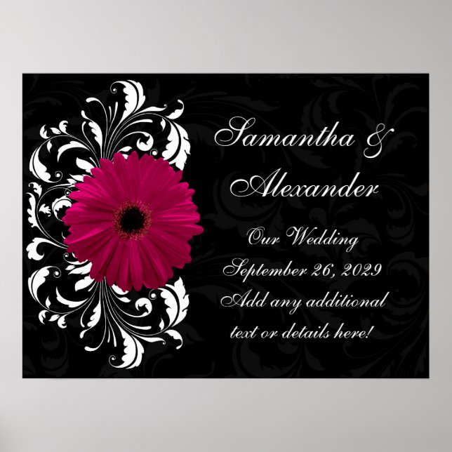 Póster Fuchsia Scroll Gerbera Daisy con negro y blanco (Frente)