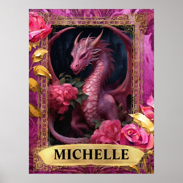 Póster Fucsia Romántico Dragón y Rosas Fantasía (Frente)