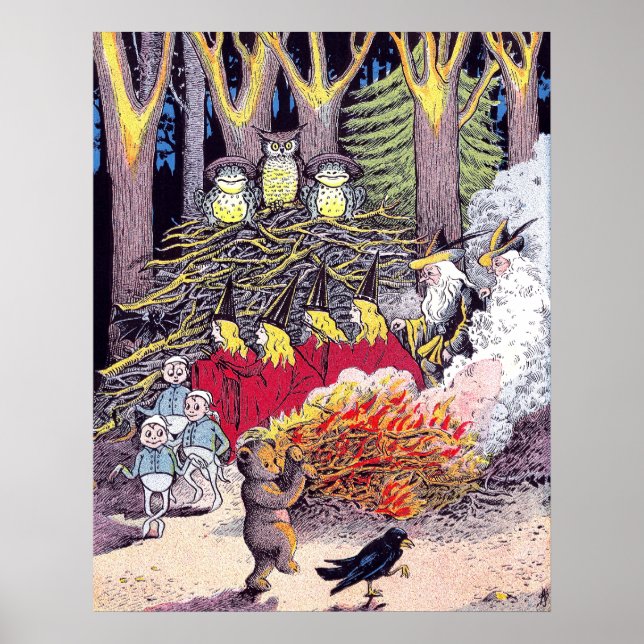 Póster Fuego de Halloween con oso y Brownies (Frente)