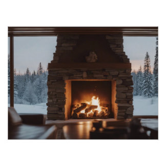 Póster Fuego de madera en una chimenea.