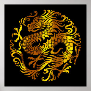 Póster Fuego Dorado: Grabado de un Dragón