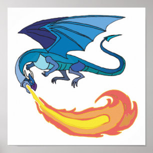 Póster fuego respiratorio de dragón azul
