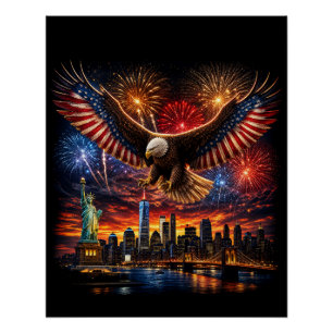 Póster Fuegos Artificiales Águila Calva Patriótica Siluet