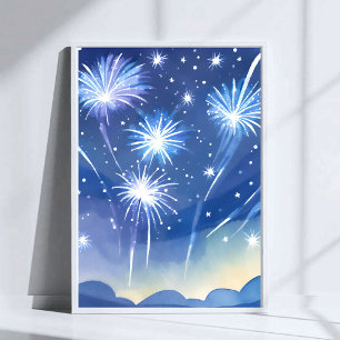 Póster Fuegos artificiales azules Celebración de fuegos
