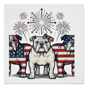 Póster Fuegos Artificiales Bulldog Patriótico Grabado Vin