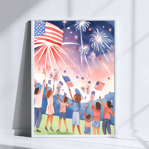 Póster Fuegos Artificiales del Cuatro de Julio   Bandera 