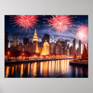 Póster Fuegos artificiales en la ciudad nocturna