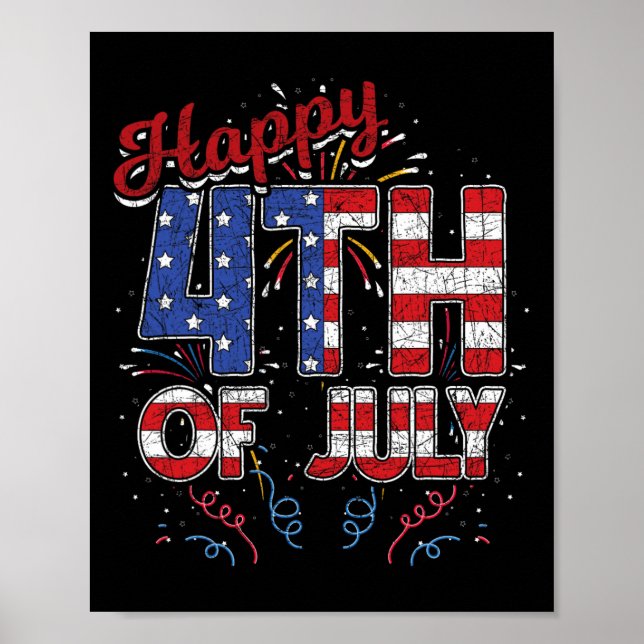 Póster Fuegos artificiales Feliz 4 de julio bandera de EE (Frente)