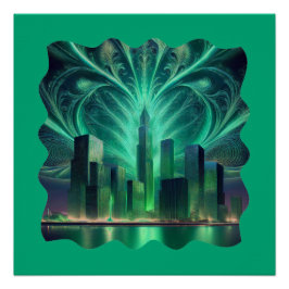 Póster Fuegos artificiales fractales en la ciudad