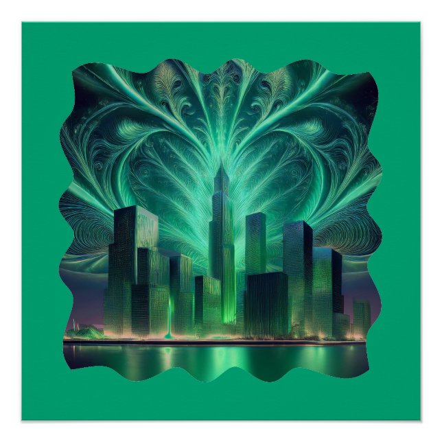 Póster Fuegos artificiales fractales en la ciudad (Anverso)