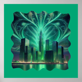 Póster Fuegos artificiales fractales en la ciudad