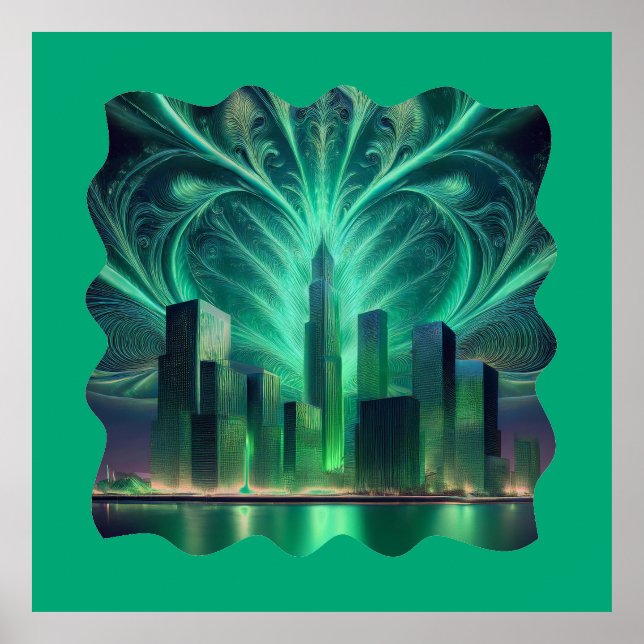 Póster Fuegos artificiales fractales en la ciudad (Frente)