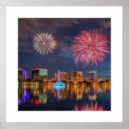 Póster Fuegos artificiales y fuente del lago Eola de Orla