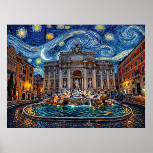 Póster Fuente de Trevi Roma Bajo Noche Estrellada