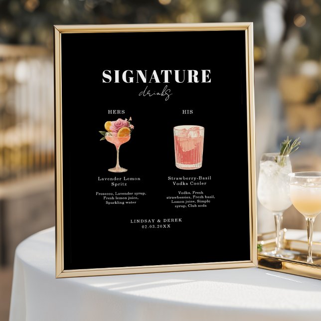 Póster Fuente Negrita Moderna Bebidas de Él y Ella Boda (Modern Bold Font His & Hers Drinks Wedding Poster)