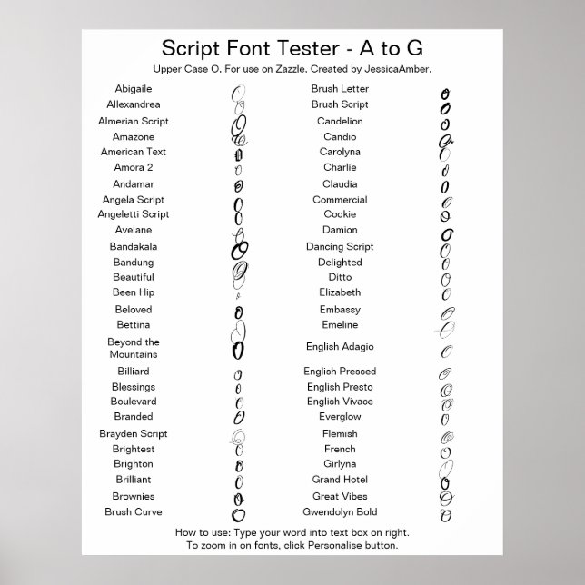 Póster Fuente Zazzle Script A - G Comparación - O mayúscu (Frente)