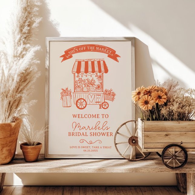 Póster Fuera del mercado, naranja garabatea la bienvenida (Off the market orange scribbles bridal welcome poster)