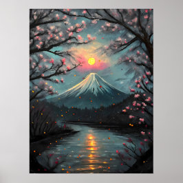 Póster  Fuji Sunset Cherry Blossom Mountain Art