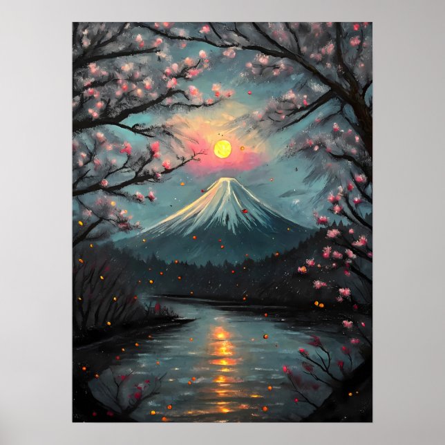 Póster  Fuji Sunset Cherry Blossom Mountain Art (Frente)