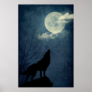 Póster Full Blue Moon Howling Wolf Silhouette Poster