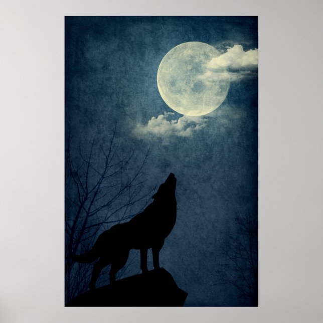 Póster Full Blue Moon Howling Wolf Silhouette Poster (Frente)