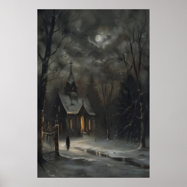 Póster Full Moon Church in Snow Art Print Dark Academia (Frente)