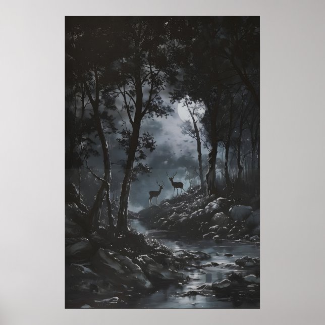 Póster Full Moon Dark Forest with Fawn Deer Art Dark (Frente)