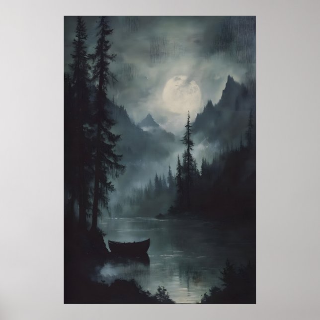 Póster Full Moon Mountain Lake Art Dark Woodland Moody (Frente)