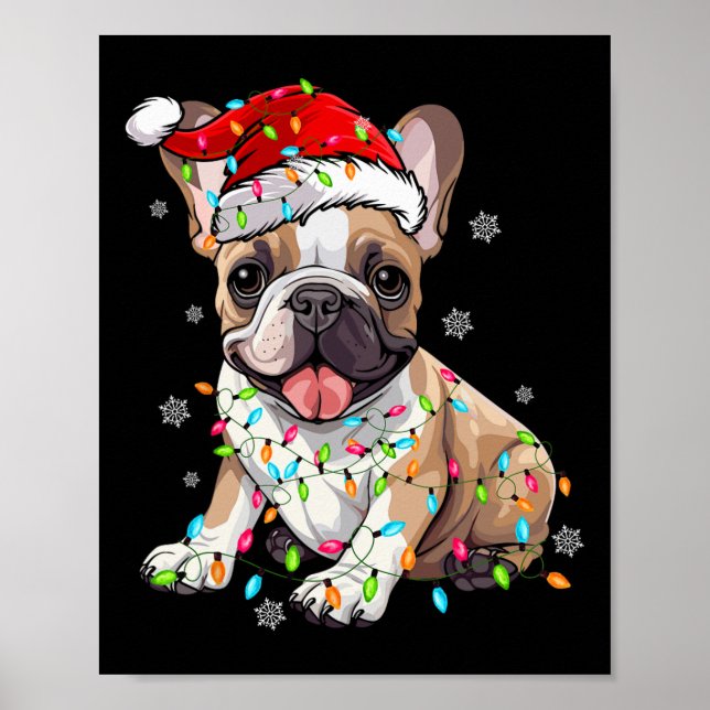 Póster Fun Bulldog francés Perro Árbol Navidades enciende (Frente)