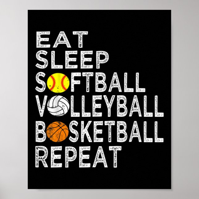 Póster Fun Eat Sleep Softbyll Volleybyll Bysketbyll Boys (Frente)