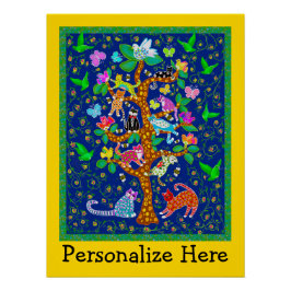 Póster Fun personalizado del árbol de aves del gato