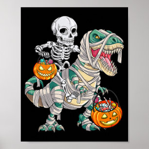 Póster Fun Skeleton Riding Mummy Dinosaur T rex Halloween