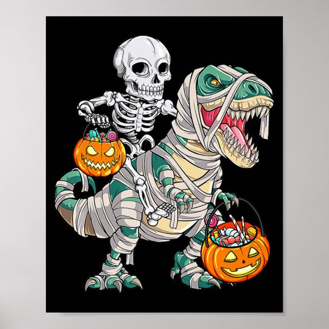 Póster Fun Skeleton Riding Mummy Dinosaur T rex Halloween (Frente)