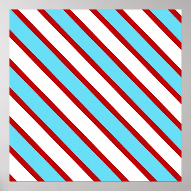 Póster Fun Turquoise Blue Red and White Diagonal Stripes (Frente)