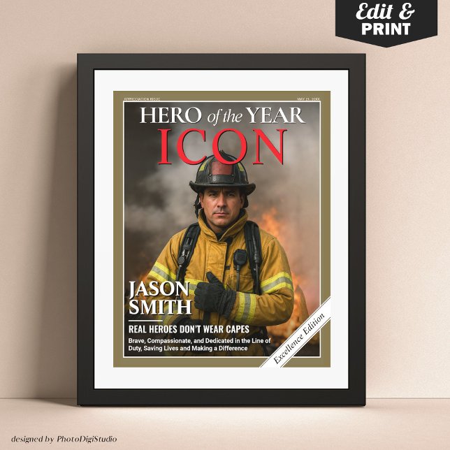 Póster Funda de la revista Fireman de regalo del personal (First Responder Gift Idea, Firemen Policemen Paramedic Gift, Custom Magazine Cover Poster)