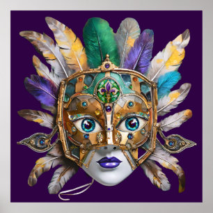 Póster Fúnela de Mardi Gras y máscara Metalizado