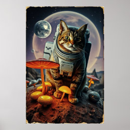 Póster Funk de gato espacial en un viaje a hongo iluminad